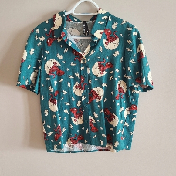 Dangerfield Velociraptor Dino Collared Boxy Shirt - Green happy birthday - Picture 2 of 12